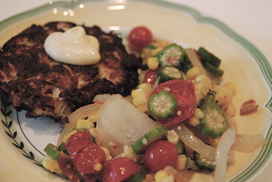 crab cakes and saute of okra, tomatoes, and bacon