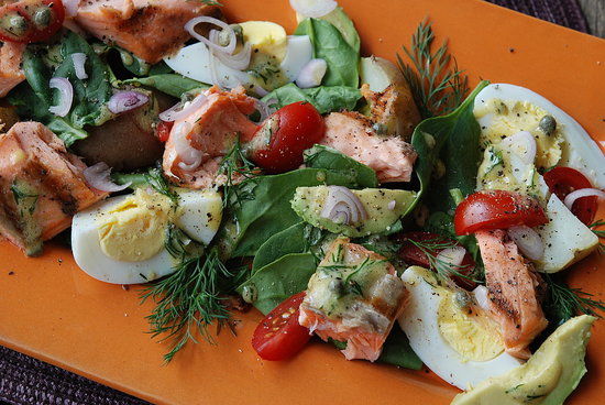 grilled salmon salad with greens avocado