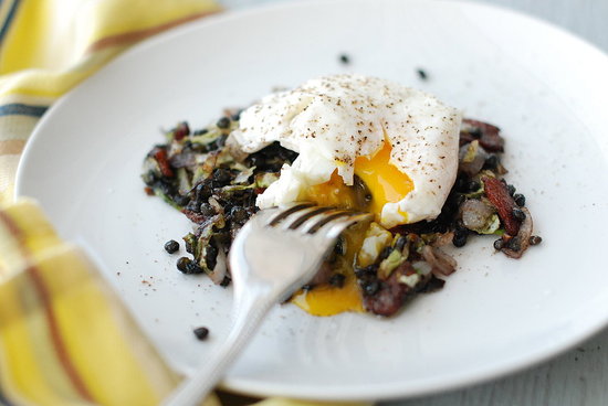 poached egg lentils bacon cabbage