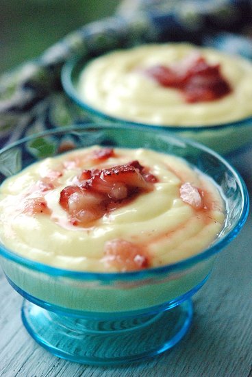 old fashioned vanilla pudding with crushed strawberries